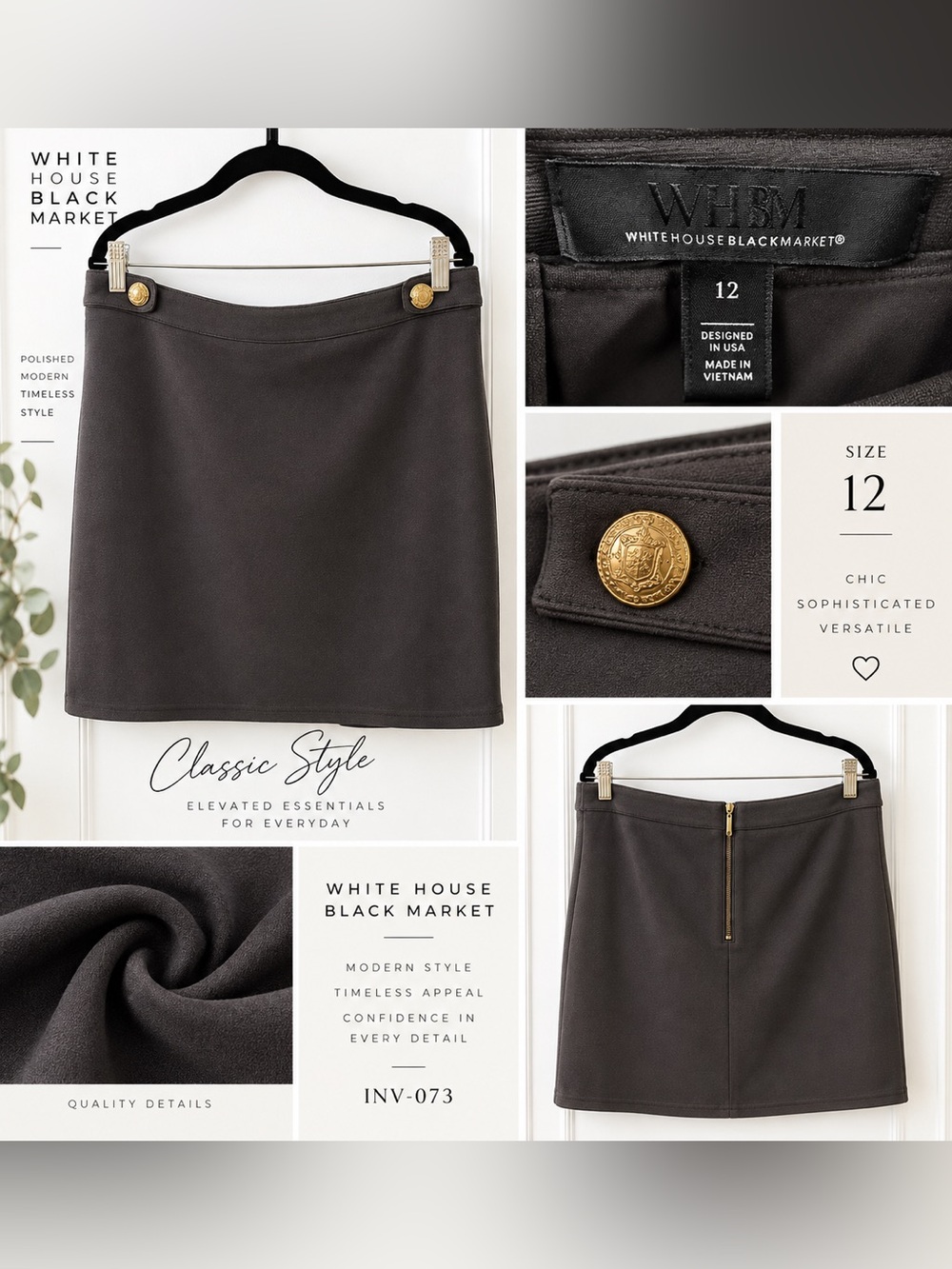 White House Black Market Charcoal Mini Skirt with Gold Button Accents